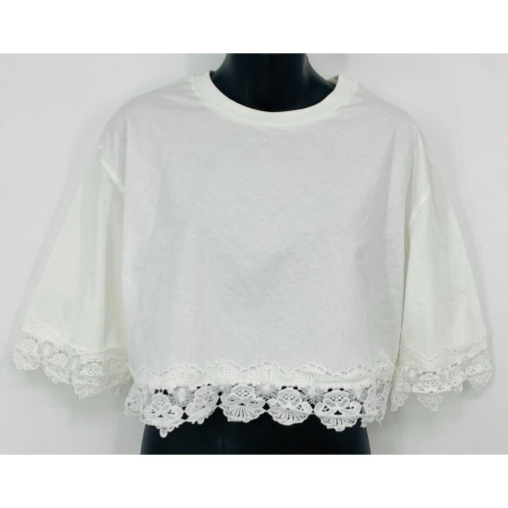 Topshop Top Size 8 White Cotton Boxy Lace Trim Crew Neck Crop Casual Women New